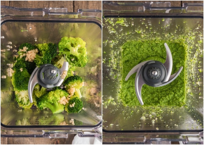 The broccoli and ingredients mixed in the blender before and after creamed.