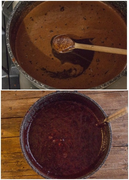 2 photos of making chocolate fudge, the mixture before boiled and when boiling