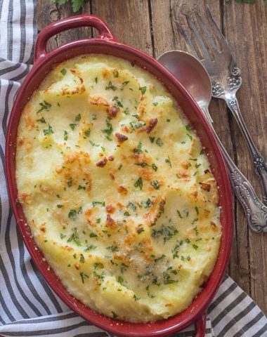Double Cheese Mashed Potatoes, baked with mozzarella & parmesan cheese, Italian parsley the perfect side dish for Thanksgiving & Christmas.