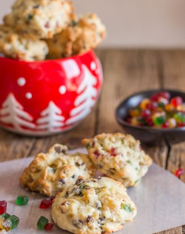 Fruitcake Cookies, filled with candied fruit, chocolate chips and nuts, the perfect Christmas Cookie recipe. An easy holiday dessert.