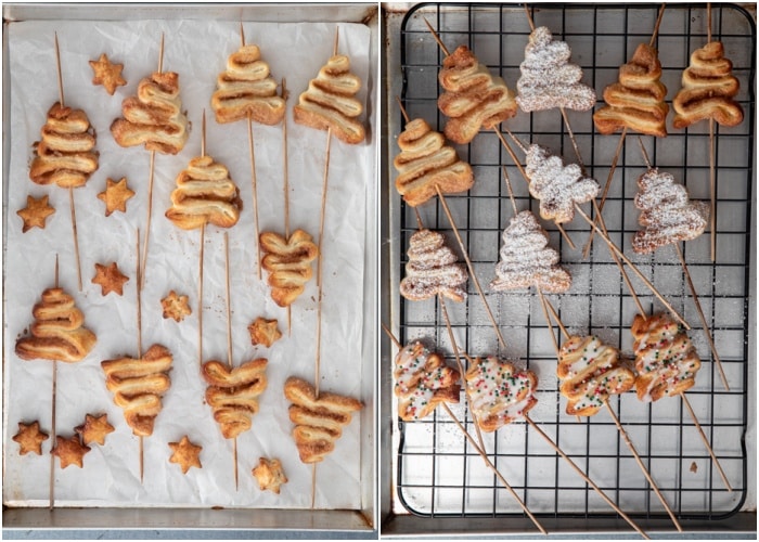 The trees and stars baked and decorated on a wire rack.