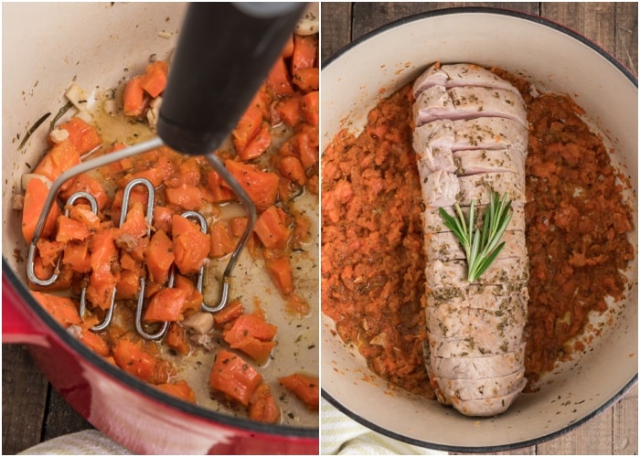 The carrots mashed and the cooked pork in the pot.