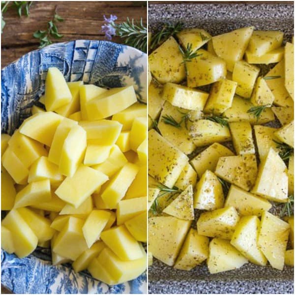 how to make rosemary roasted potatoes, cut up raw potatoes in a blue bowl, and dressed ready for the oven