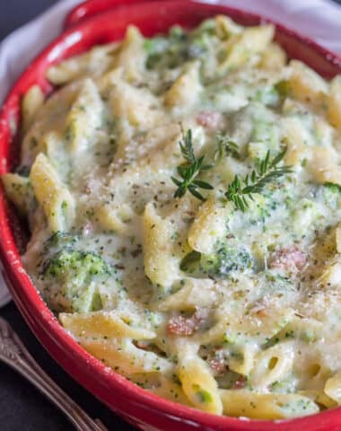 Broccoli pasta in a red pan.