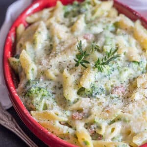 Broccoli pasta in a red pan.