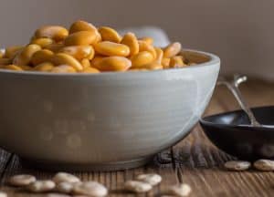 ready to eat lupin beans in a grey bowl