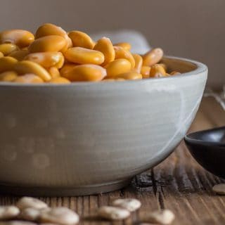 ready to eat lupin beans in a grey bowl