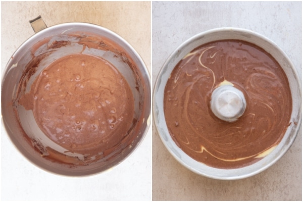 The cocoa added to the remaining batter and poured in the pan.