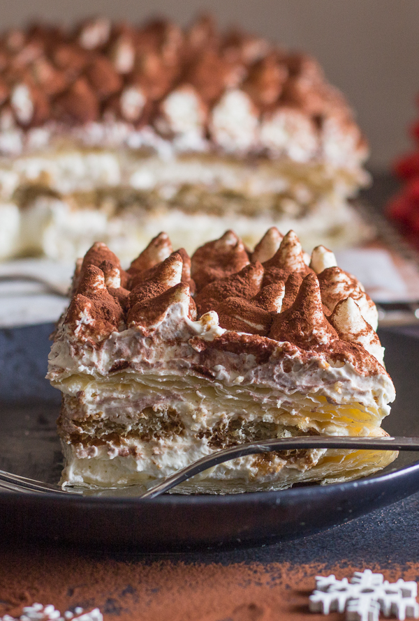 Easy Puff Pastry Tiramisu the traditional creamy Tiramisu filling layered between puff pastry and coffee dipped lady fingers.  The perfect no bake holiday dessert.