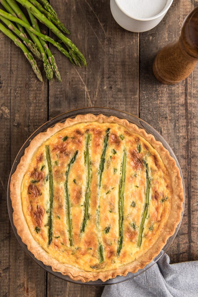 Asparagus quiche in the pie plate.