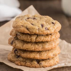 Six chocolate chip cookies stacked.