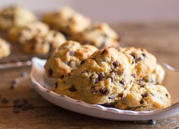 soft chocolate chip cookies on a white dish