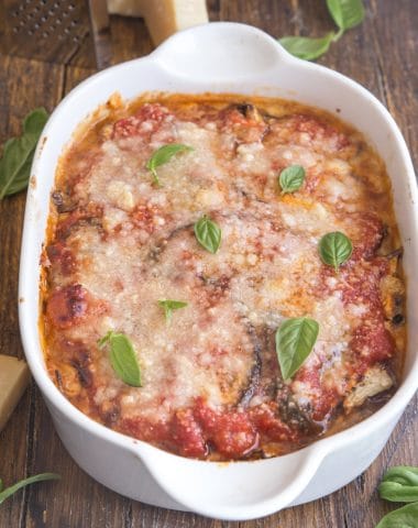 eggplant parmesan baked in a white pan