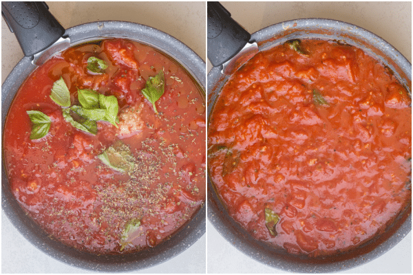 eggplant parmesan making the sauce, before and after cooked in a black pan