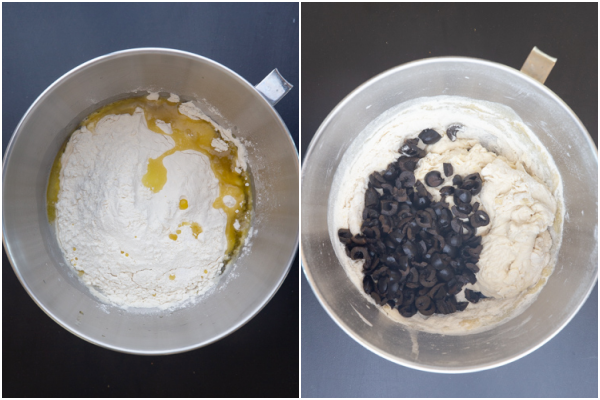 Flour, salt & olive oil added to mixing bowl with yeast & water. Black olives added to slightly combined dough. 