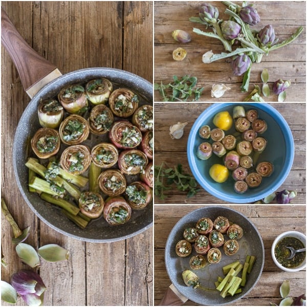 roman artichokes recipe how to make in a pan, raw artichokes, in a bowl of water