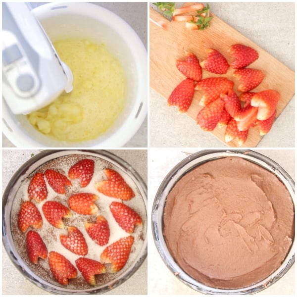 how to make strawberry chocolate cake cream butter, cut strawberries, strawberries on cake batter