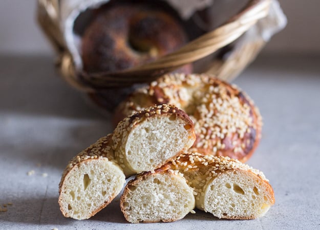 a sliced homemade bagel