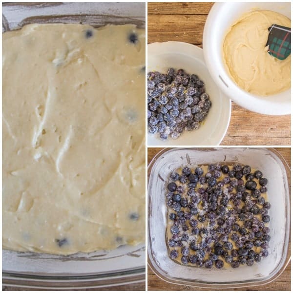 blueberry bars how to make batter, batter in pan with blueberry filling, ready to be baked