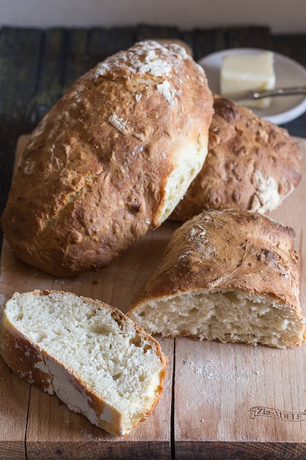 2 whole loaves and 1 cut loaf of no knead bread