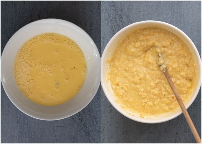 Adding the wet ingredients to the dry in a white bowl.