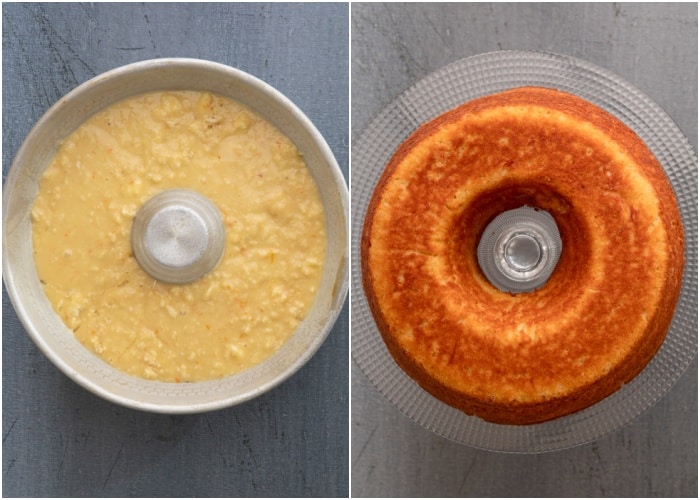 The cake batter in the pan before and after baked.