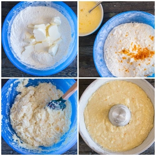 how to make orange cake dry ingredient mix, wet ingredients and in the bundt pan