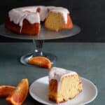 Orange cake on a glass cake dish with a slice on a white plate.