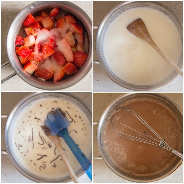 how to make panna cotta cream in a pot, add the chocolate and gelatin.