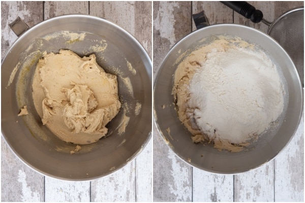 Butter, sugar, egg & vanilla beaten. Flour sifted on top in a mixing bowl.