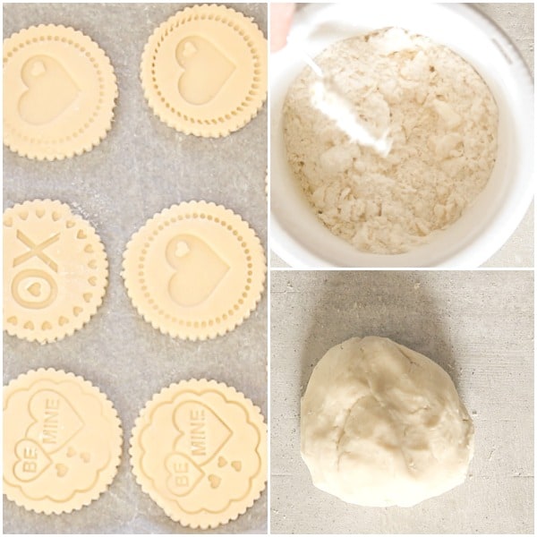 how to make stamped cookies dough, stamped and cut out cookies on a cookie sheet