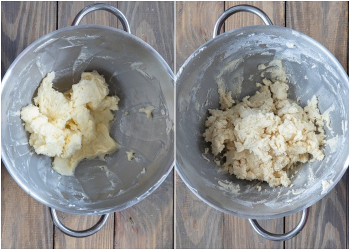 Beating the butter and sugar and adding the flour in the mixing bowl.