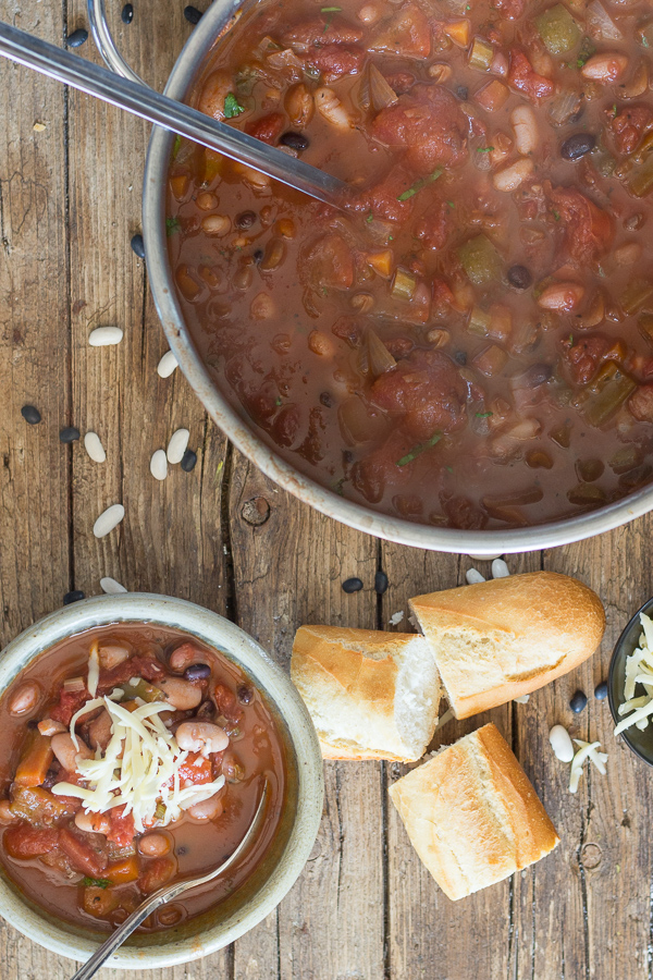 vegetarian chili in a pot and in a bowl