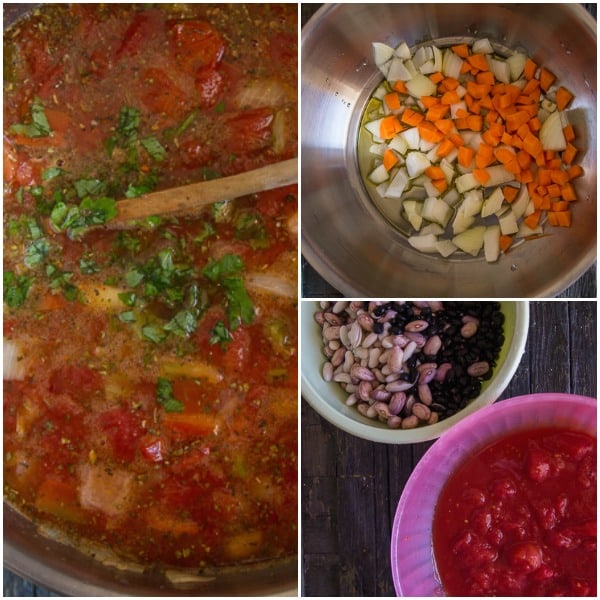 how to make 3 bean chili , soaked beans and in the pot