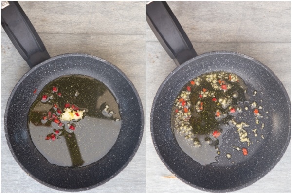 The garlic and hot pepper in the pan before and after cooked.
