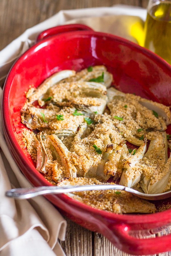 baked fennel in a red dish