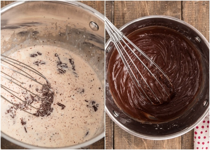 Making the chocolate mousse in the pan.
