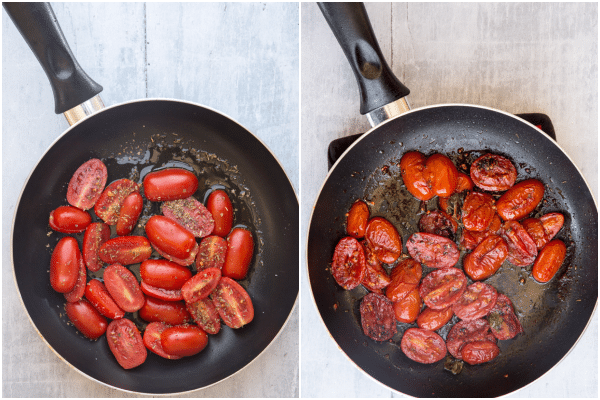 how to make eggplant parmesan stacks frying the tomatoes raw and cooked in a black pan