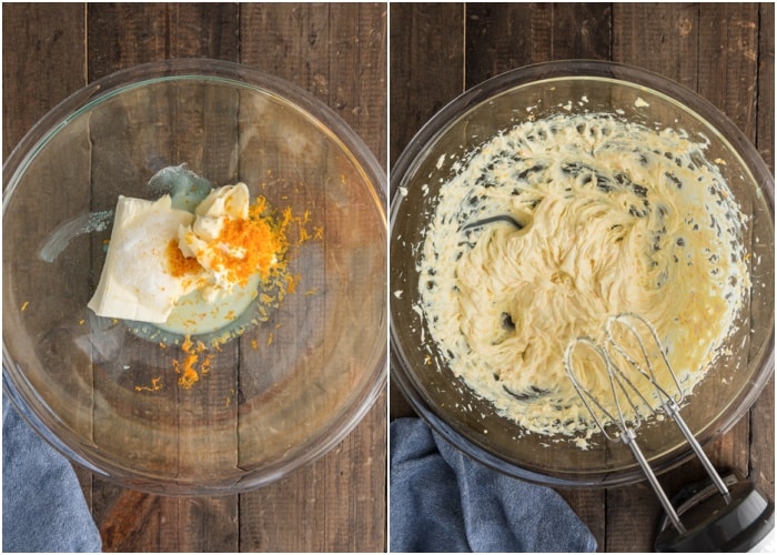 Beating the ingredients in a glass bowl to make the filling.