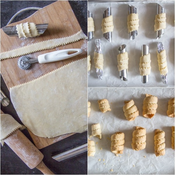 baked cannoli how to make, rolled pastry, cut and rolled on cylinders and baked