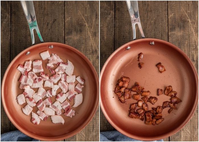 The bacon before and after cooked in the pan.