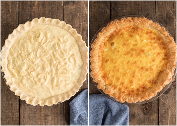 The quiche before and after baked.