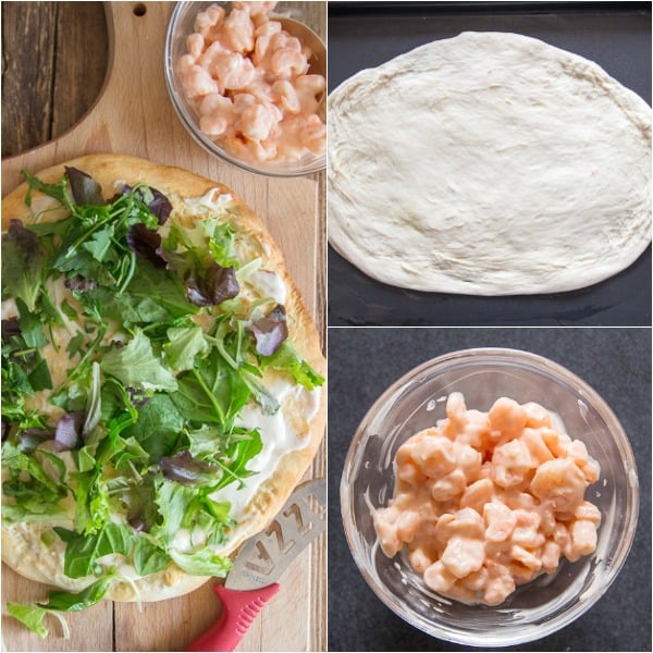 shrimp pizza, how to make, pre baked pizza dough, shrimp mixed with mayo & ketchup, baked pizza with lettuce