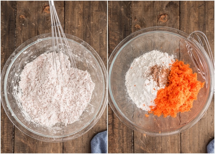 Combining the dry ingredients in a glass bowl.