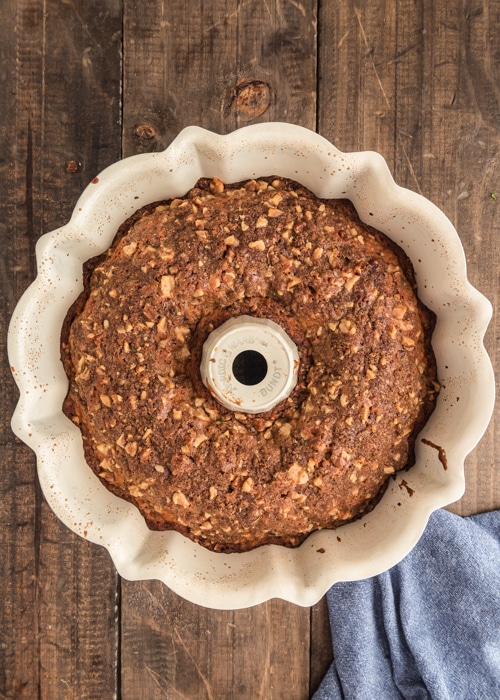 The baked cake in the pan.