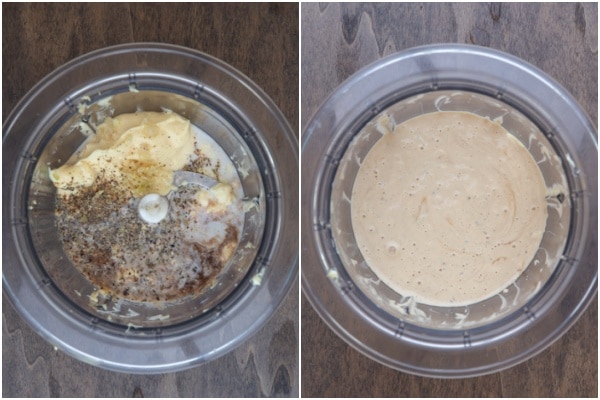The ingredients for the creamy dressing in the processor before and after mixed.