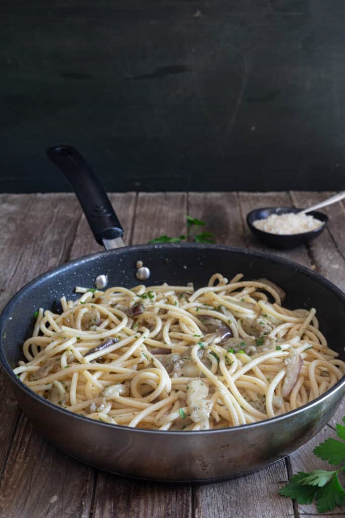Eggplant pasta in a pan.