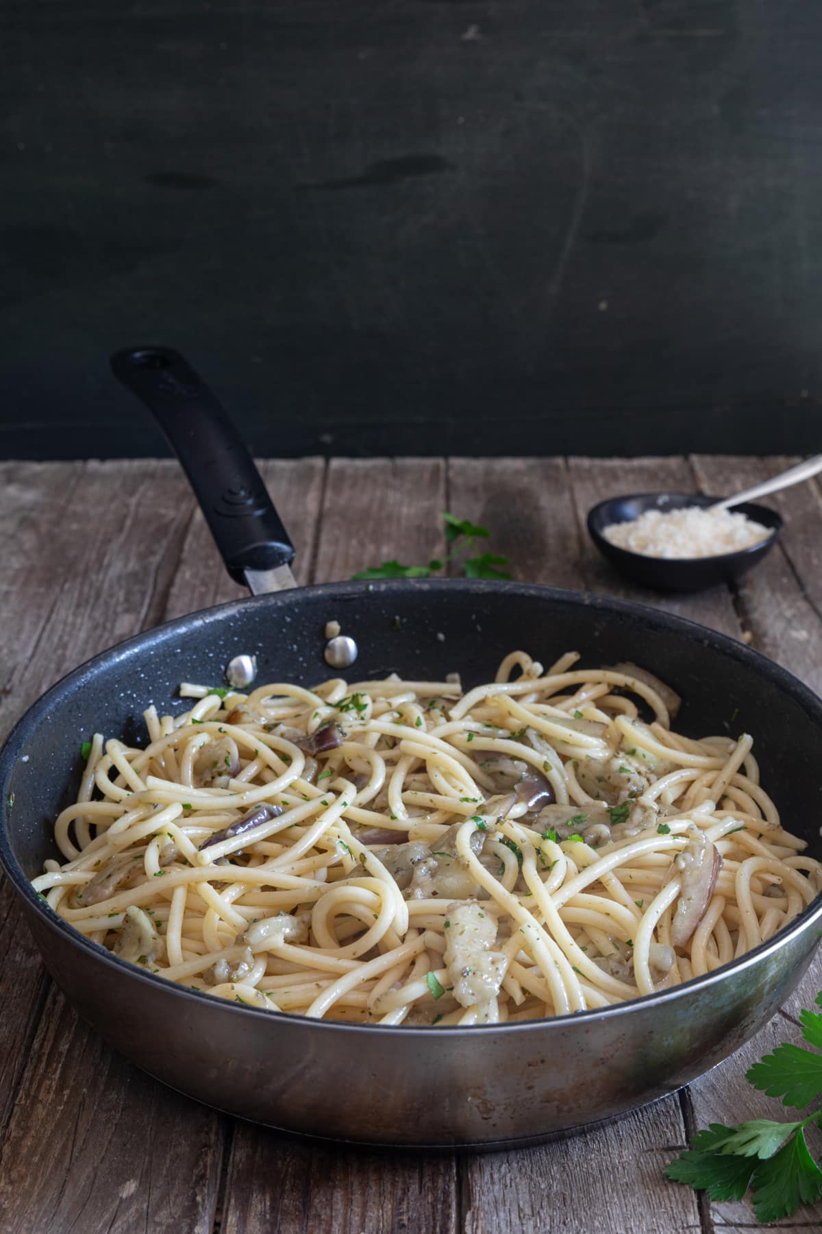 Eggplant pasta in a pan.