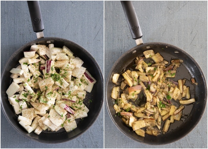 The eggplant in the pan before and after cooking.