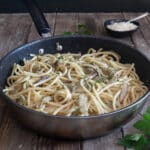 Eggplant pasta in a pan.